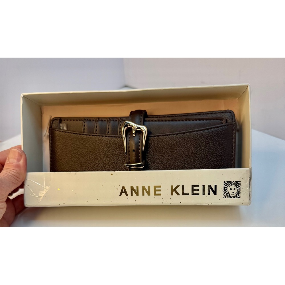 Anne Klein Buckle Snap Closure Wallet Brown Faux Leather Card Slots Zip Pocket - Picture 11 of 12